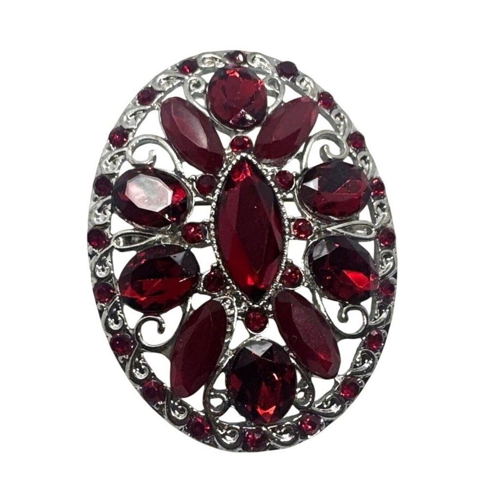 Vintage  Liz Claiborne Silver Tone Ruby Red Rhinestone Oval Brooch pin signed